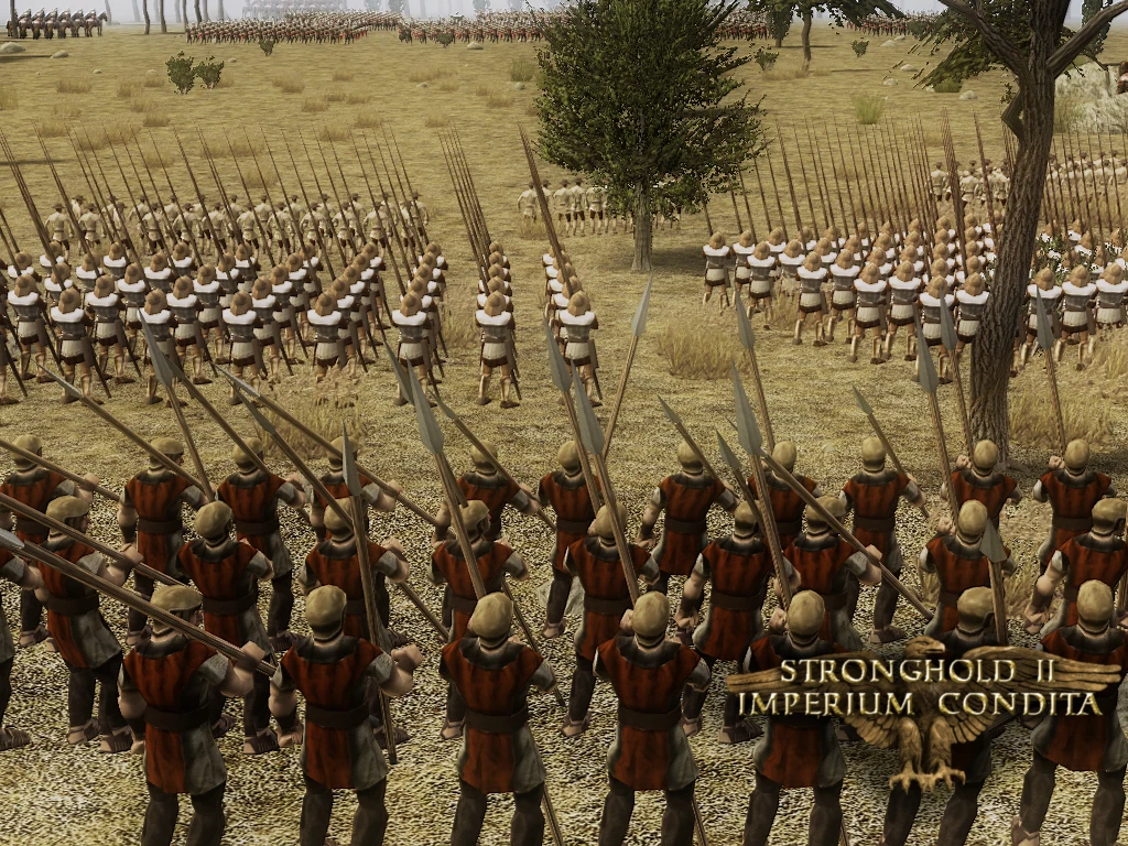 Dwie duże armie stają naprzeciw siebie na trawie w modzie Stronghold 2 - Imperium Condita.