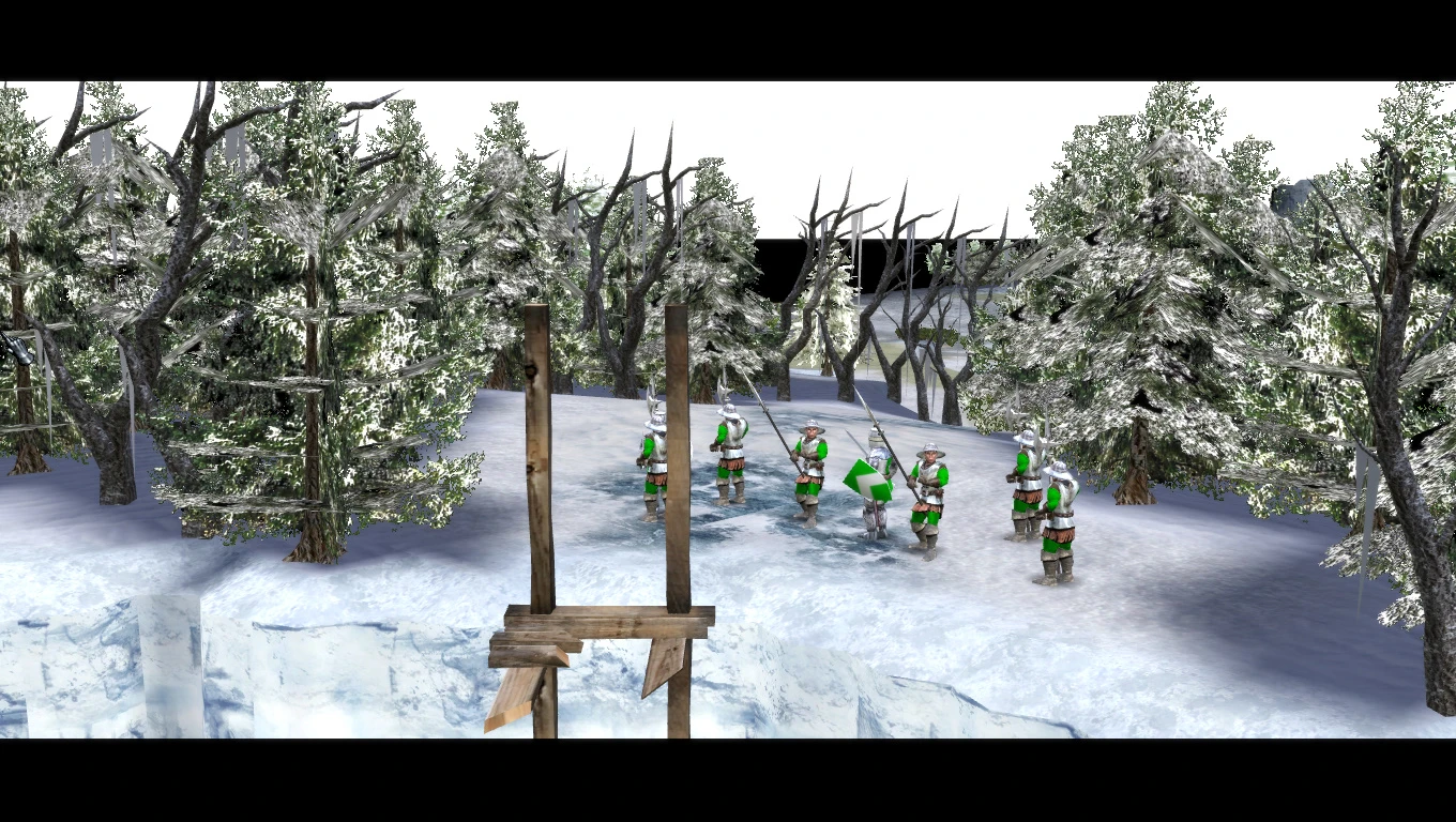 Лицарі стоять на засніженому лісному полі бою в моді Winter для Stronghold 2.