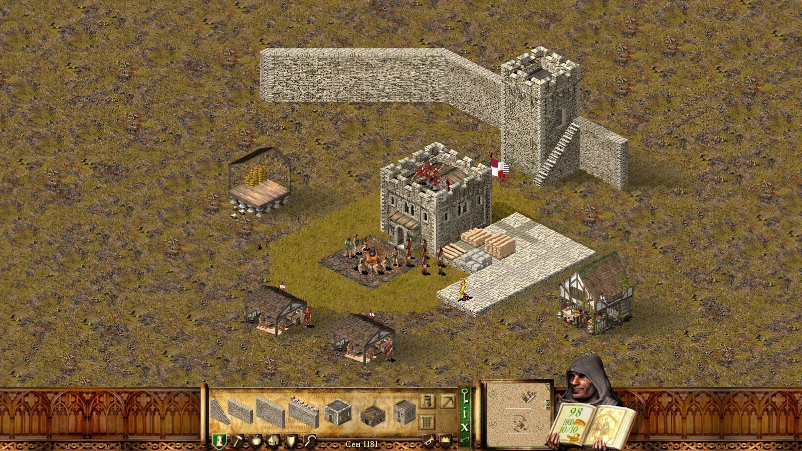 Captura de pantalla del juego Stronghold: Crusader mod mostrando un castillo en construcción. Se ven soldados y trabajadores con fortificaciones y recursos alrededor.