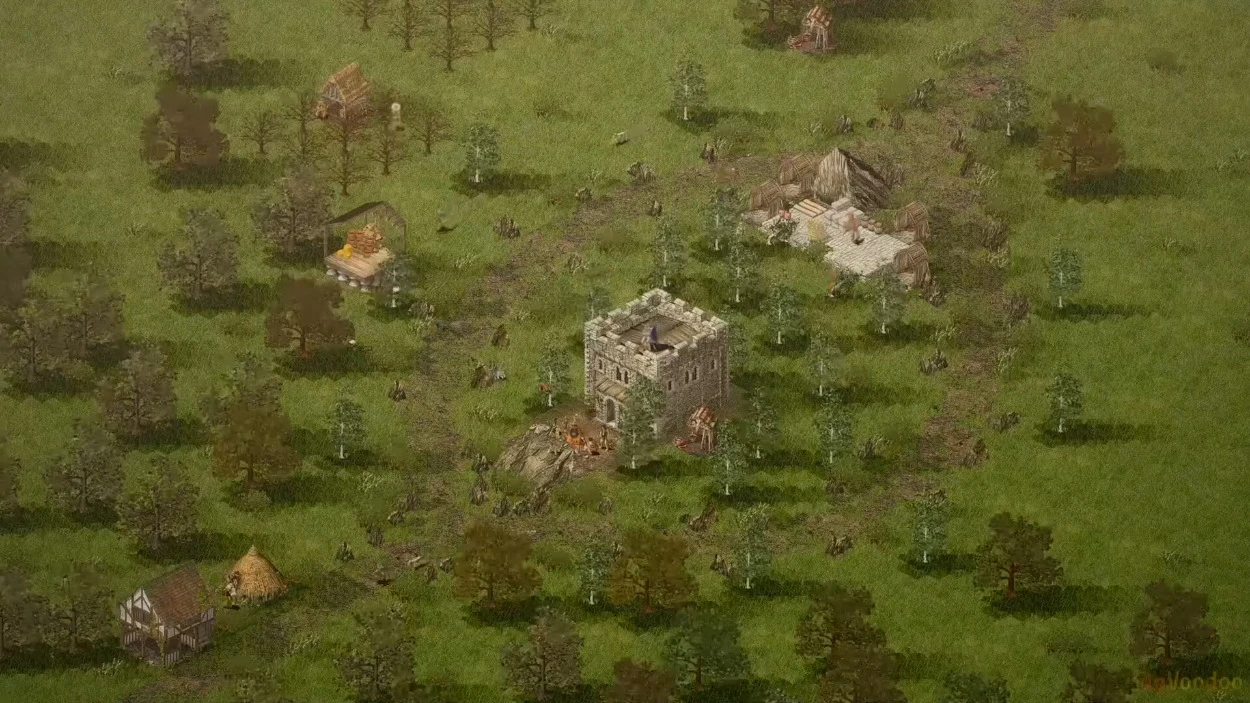 Una escena del mod de Stronghold: Crusader muestra una fortaleza rodeada por un asentamiento con varios edificios, situada en una zona boscosa, mostrando elementos de defensa estratégica.