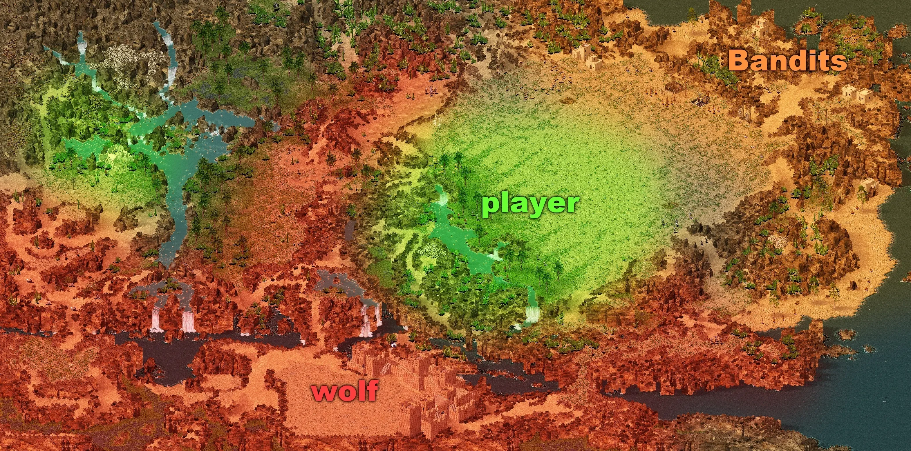 Вигляд карти з Stronghold: Crusader 2002, мод Ironfall. Області для гравця та ворогів, позначені як 'вовк' і 'бандити'.