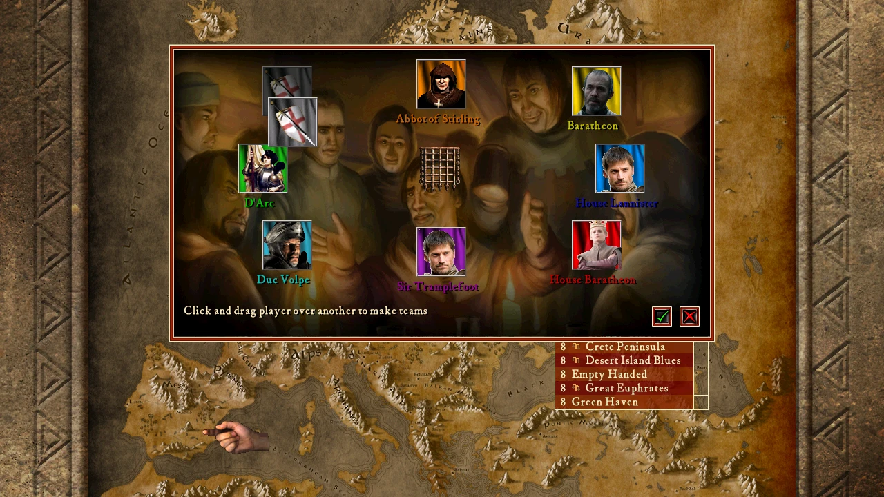 Una interfaz de selección de equipos para jugadores en Stronghold: Crusader Duc Edition que muestra personajes disponibles.