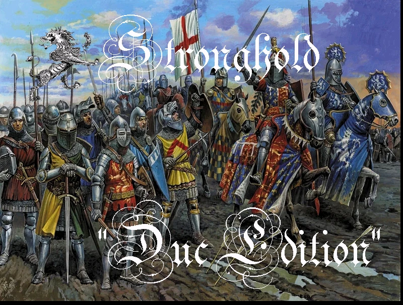 Arte con caballeros armados y caballería montada con banderas en el mod Stronghold Duc Edition