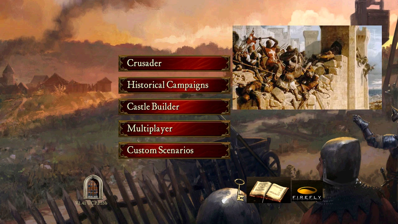 Menú del juego Stronghold Crusader con opciones de Cruzado, Campañas históricas, Constructor de castillos, Multijugador y Escenarios personalizados