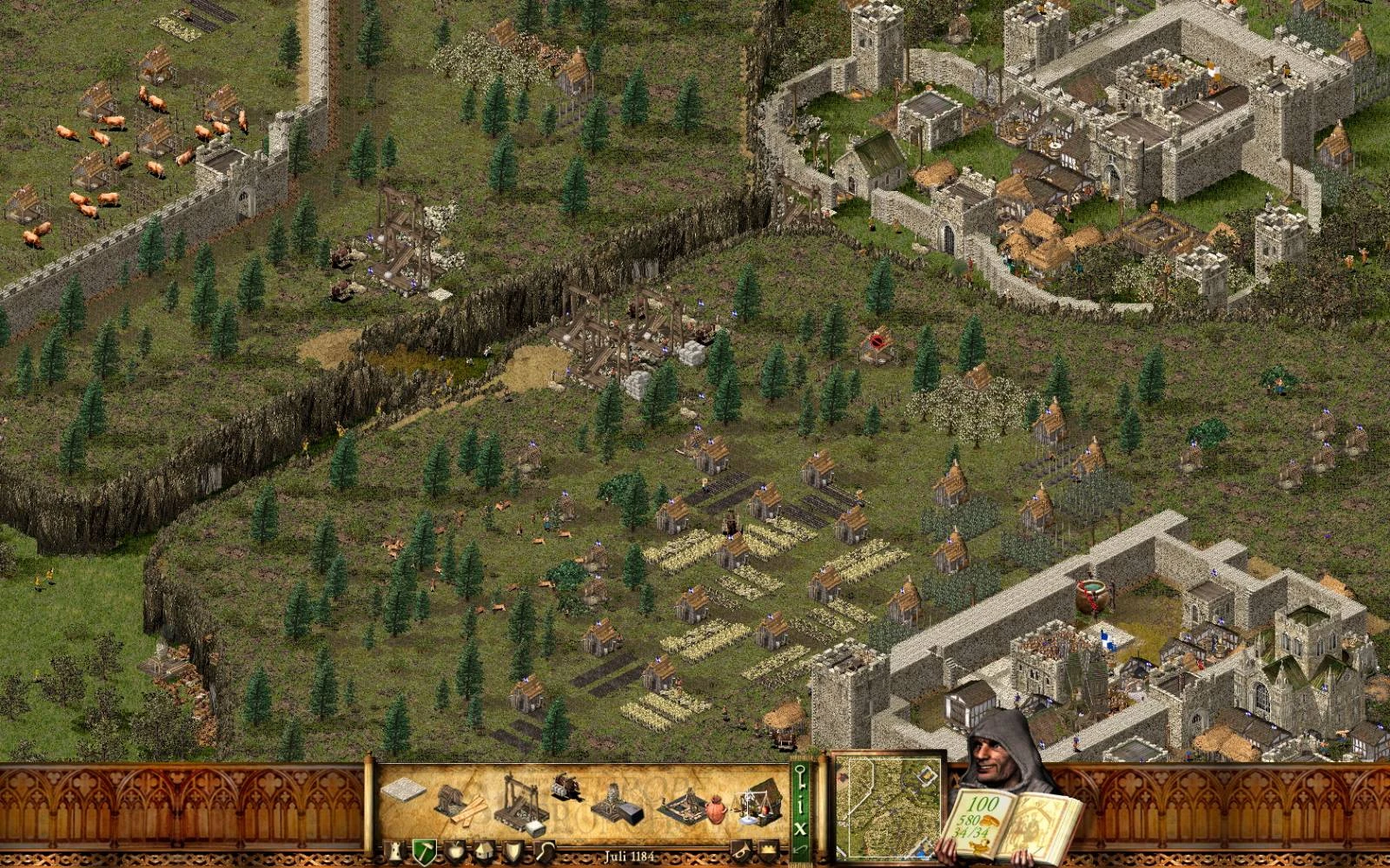 Скриншот из Stronghold Crusader с изображением горной лесной деревни с небольшим замком