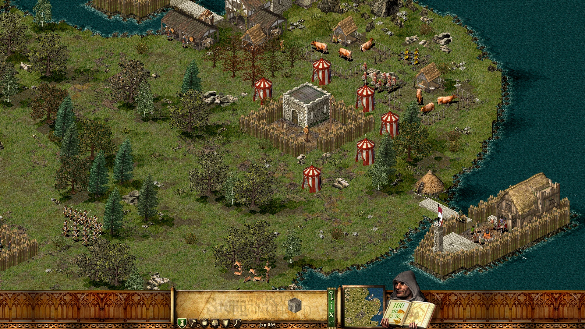 Скриншот из Stronghold Crusader с изображением вражеской осады с катапультами и солдатами, атакующими крепость