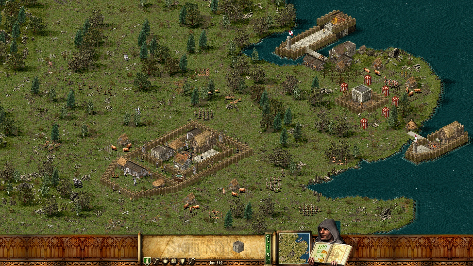Скриншот из Stronghold Crusader с изображением небольшого поселения у реки с причалами и лодками