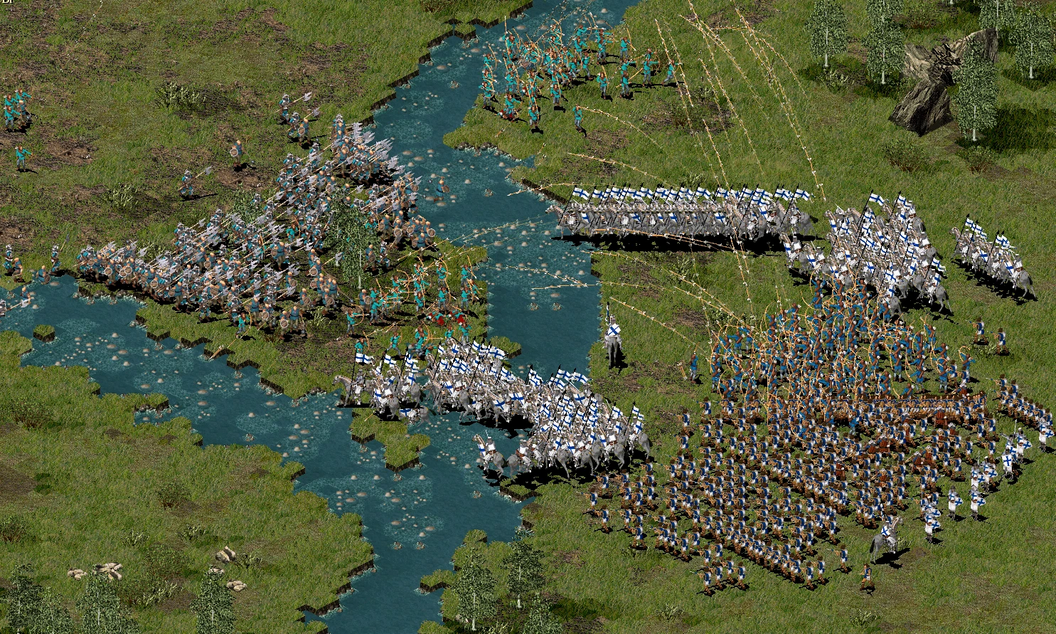 Скриншот из Stronghold Crusader с изображением огромной армии солдат, пересекающих реку