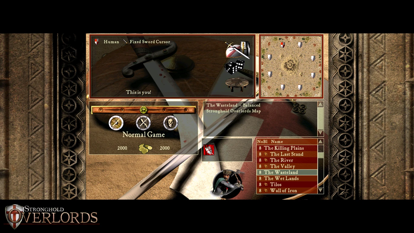 Pantalla de selección de mapa de Stronghold Crusader con opciones de modo de juego y nombres de mapas usando el mod Stronghold Overlords
