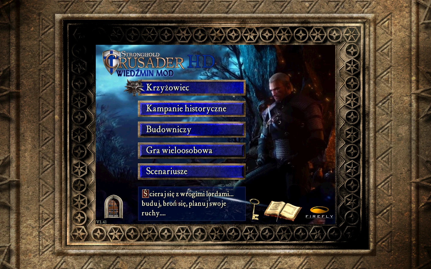 Menú principal del mod Witcher para Stronghold: Crusader con categorías como Cruzado, Campañas Históricas, Constructor, Multijugador y Escenarios en un fondo medieval decorativo.