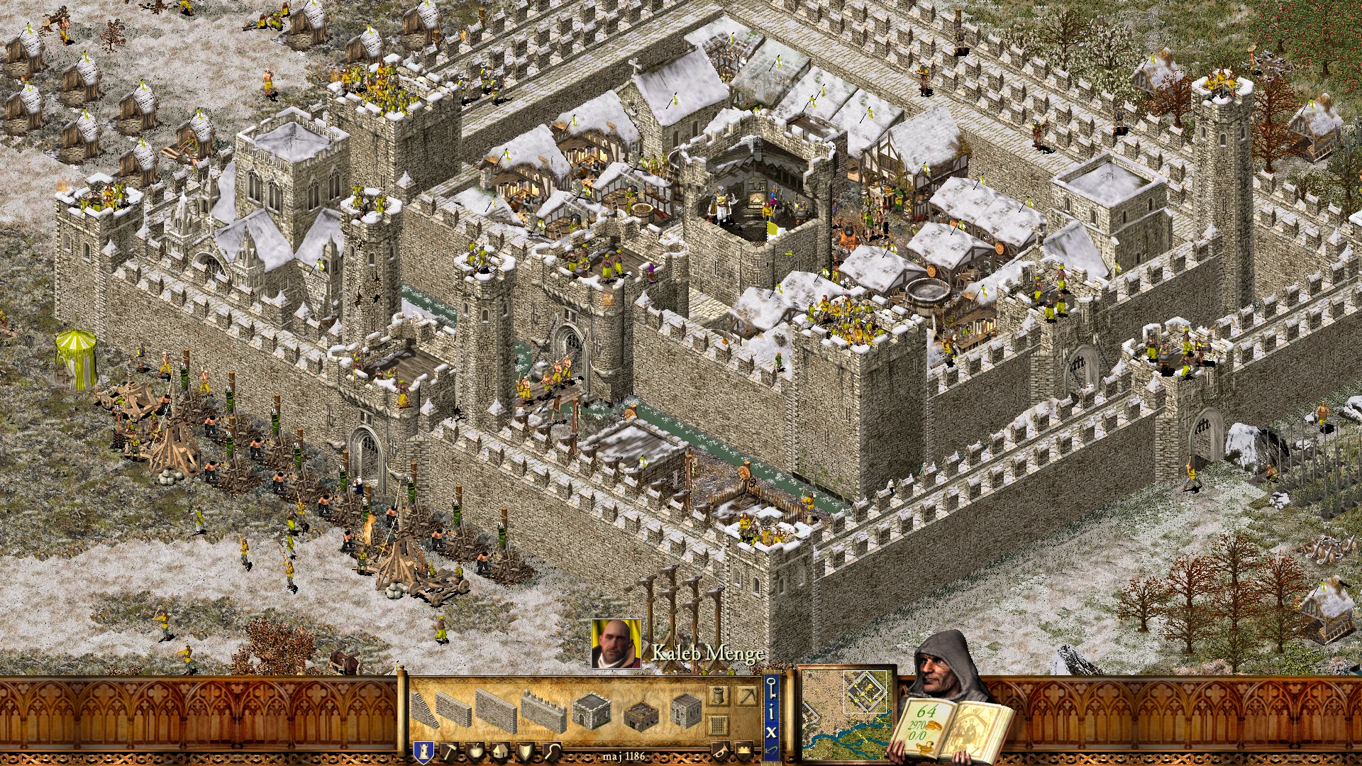 Una fortaleza detallada bajo asedio con unidades medievales en el mod Witcher de Stronghold: Crusader. La imagen muestra fuerzas atacantes y un paisaje nevado.