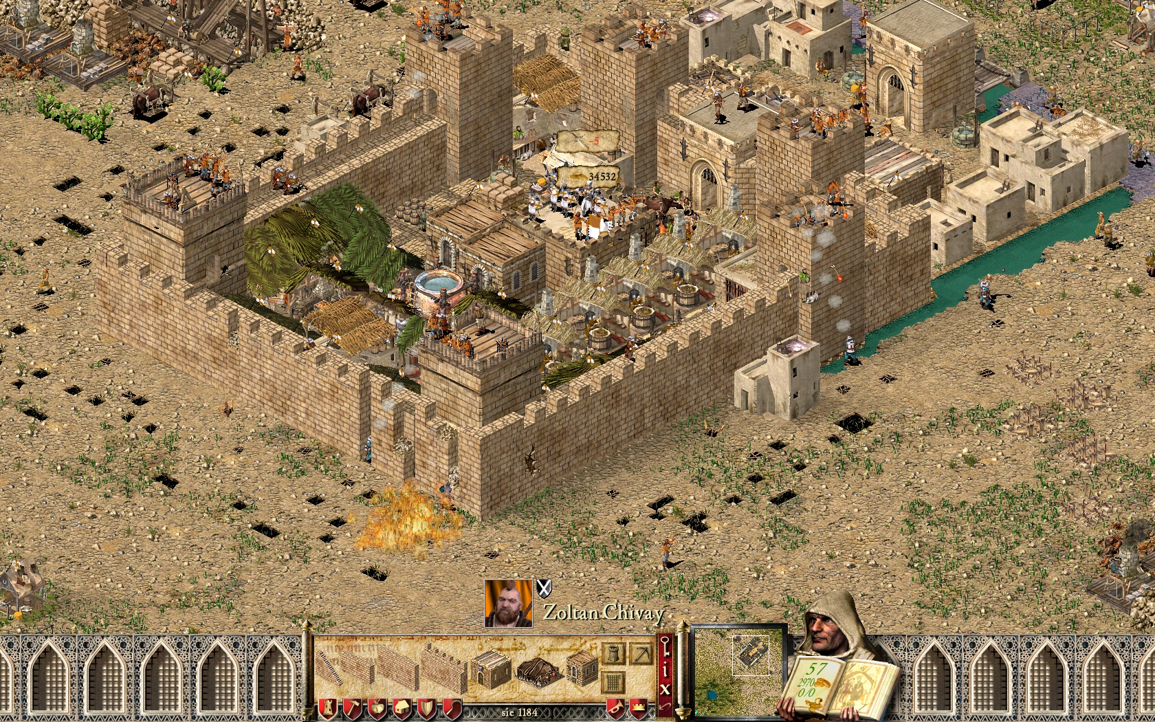 Un castillo fortificado en el mod de Stronghold: Crusader con elementos de Witcher. Soldados están apostados en muros y torres defendiendo de un ataque.