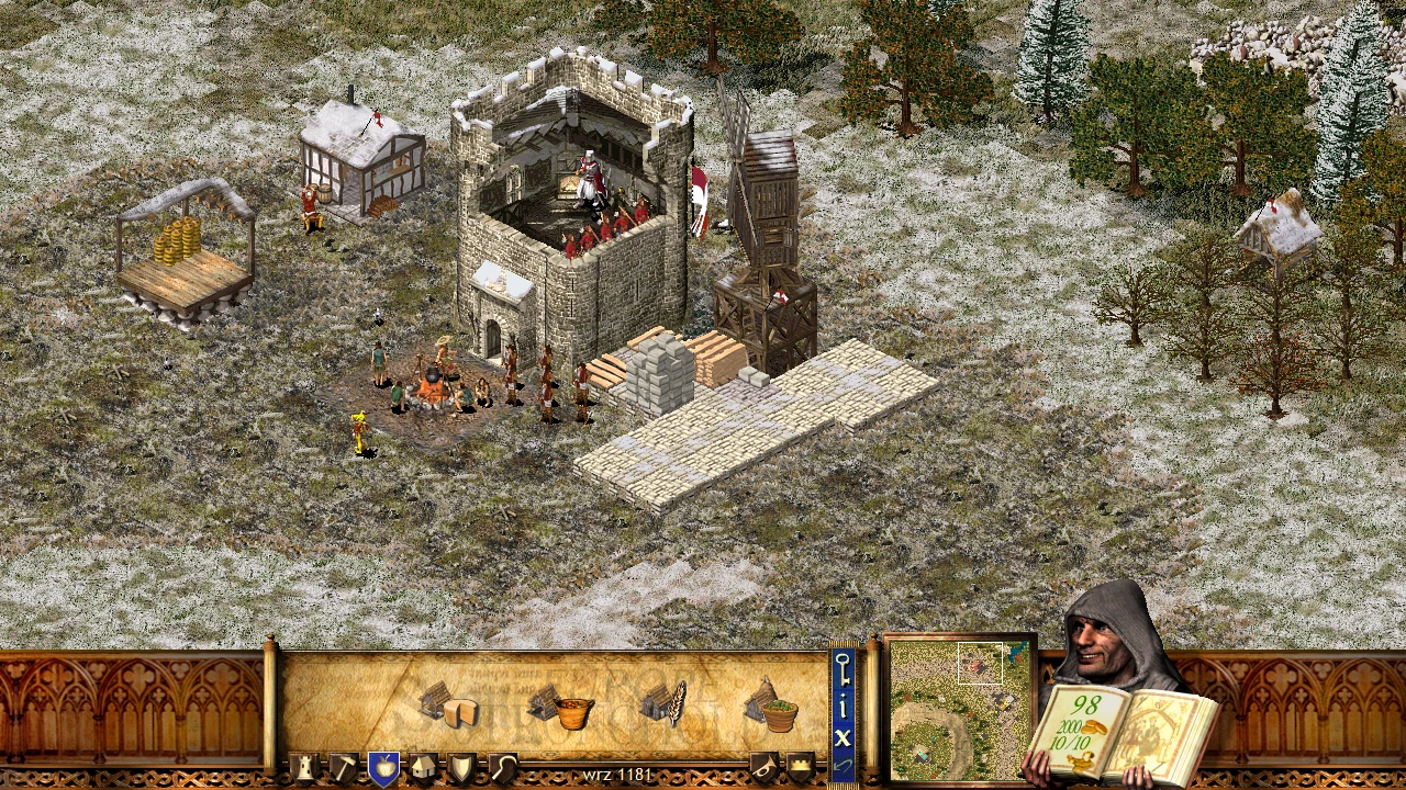 Terreno nevado en el mod de Stronghold Witcher con un pequeño castillo con guardias, un edificio con techo cubierto de nieve y un aldeano. La interfaz muestra recursos y el retrato de un personaje.
