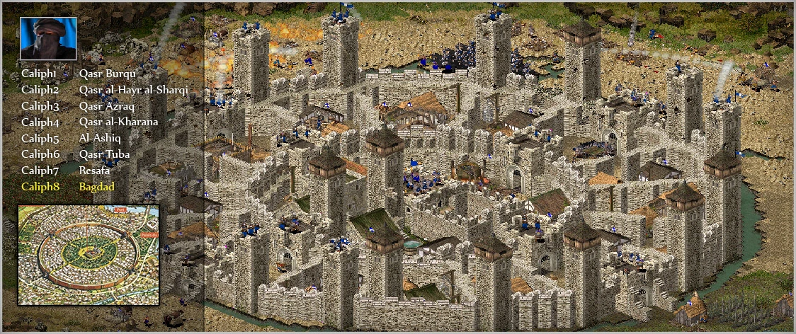 Vista detallada de un gran castillo del mod Strongholds Of Conquest para Stronghold: Crusader. Enumera nombres de califatos y cuenta con torres fortificadas, muros y paisaje estratégico.
