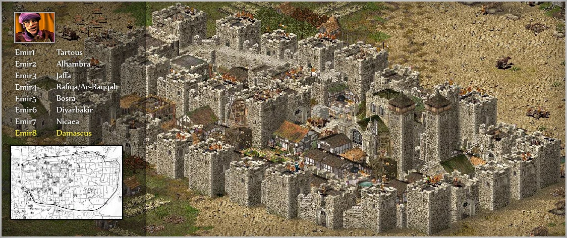 Imagen del mod 'Strongholds of Conquest' de Stronghold: Crusader que muestra una detallada fortaleza medieval en el desierto. El panel izquierdo enumera varios emires y ubicaciones.