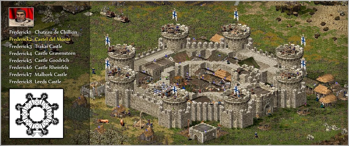 En el mod 'Strongholds Of Conquest' de Stronghold: Crusader se muestra un diseño detallado de un castillo con etiquetas como Castel del Monte.