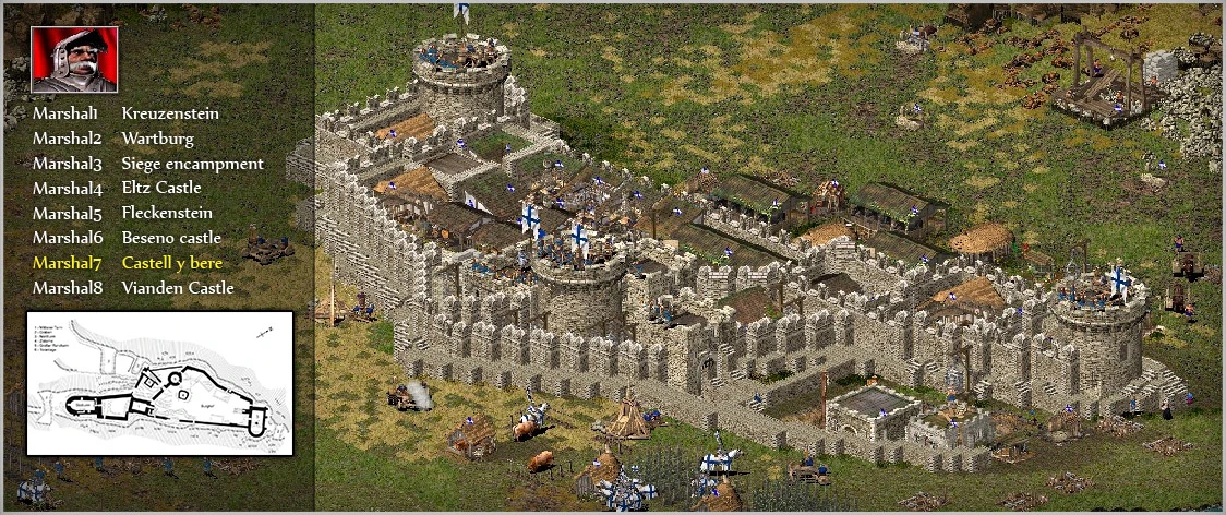 Captura de pantalla del mod 'Strongholds Of Conquest' de Stronghold: Crusader mostrando una vista detallada de una estructura de castillo con varias partes etiquetadas, incluyendo diseño del mapa.