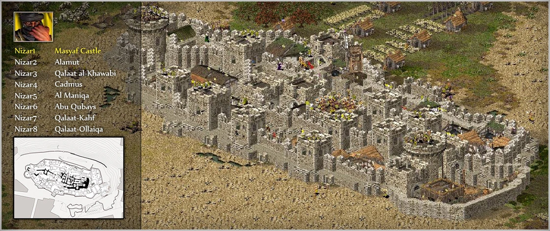 Vista detallada del Castillo de Masyaf del mod de Stronghold: Crusader, Strongholds Of Conquest, con una estructura de piedra extensa con múltiples torres y muros.