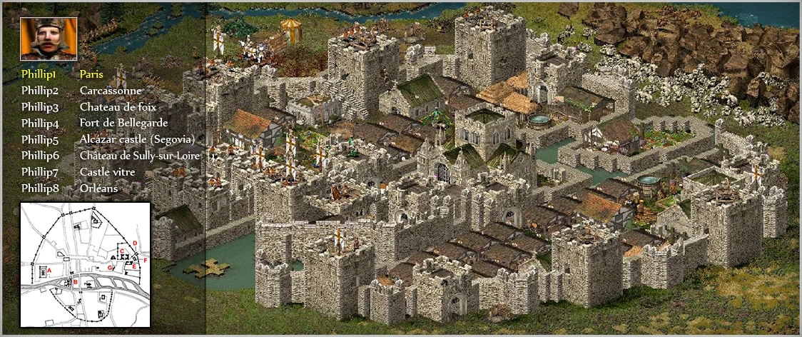 Vista detallada de una fortaleza medieval en el mod 'Strongholds Of Conquest' de Stronghold: Crusader, con múltiples estructuras de castillo y mapa superpuesto.