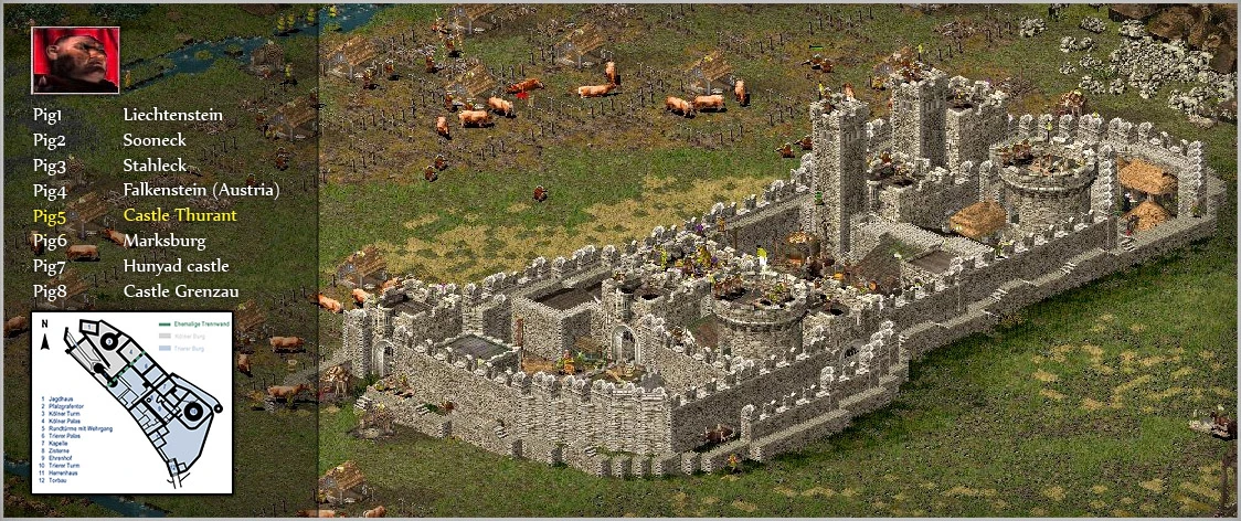 Captura de pantalla de un diseño de castillo modificado en Stronghold: Crusader, con el Castillo Thurant y defensas detalladas junto al terreno cercano. El mapa muestra nombres de castillos marcados.