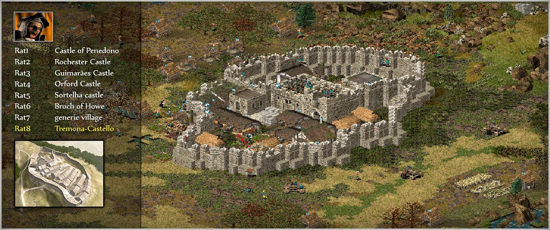 Escena del mod Strongholds Of Conquest para Stronghold: Crusader que muestra un castillo fortificado llamado Tremona-Castello rodeado de tropas y recursos.