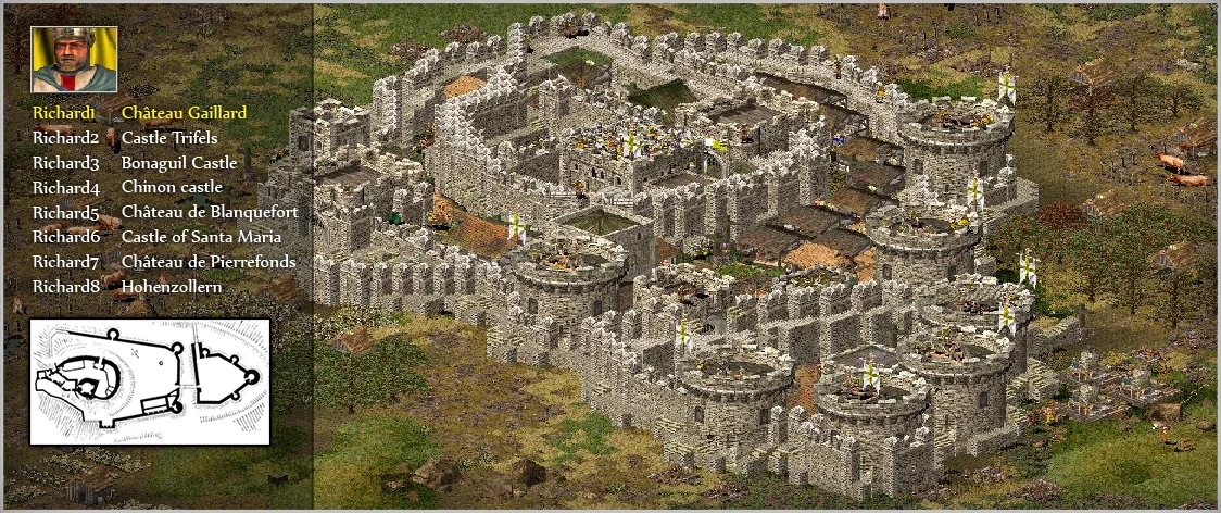 Un complejo castillo medieval con múltiples torres y murallas en el mod 'Strongholds Of Conquest' de Stronghold: Crusader. Se nombran varios lugares, incluido el Château Gaillard.