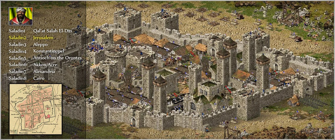 Vista detallada de una fortaleza medieval bajo asedio del mod 'Strongholds Of Conquest' de Stronghold: Crusader, con las ubicaciones estratégicas de Saladino.