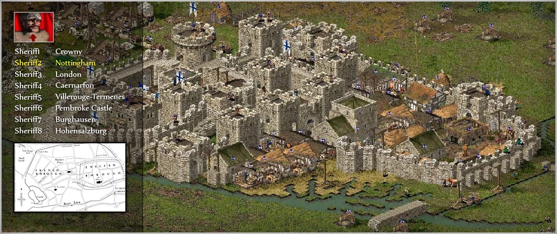 Captura de pantalla del mod de Stronghold: Crusader que muestra un diseño intrincado del castillo etiquetado como Nottingham, con un mapa que destaca ubicaciones de varios sheriffs.