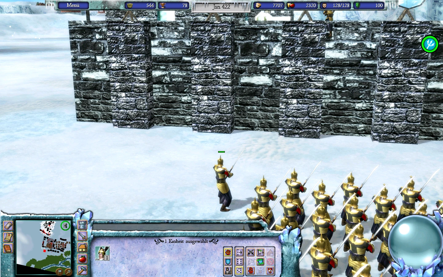 Spielbildschirm mit goldgerüsteten Soldaten mit Schwertern und einer Steinmauer im Schnee im Stronghold Legends Mod