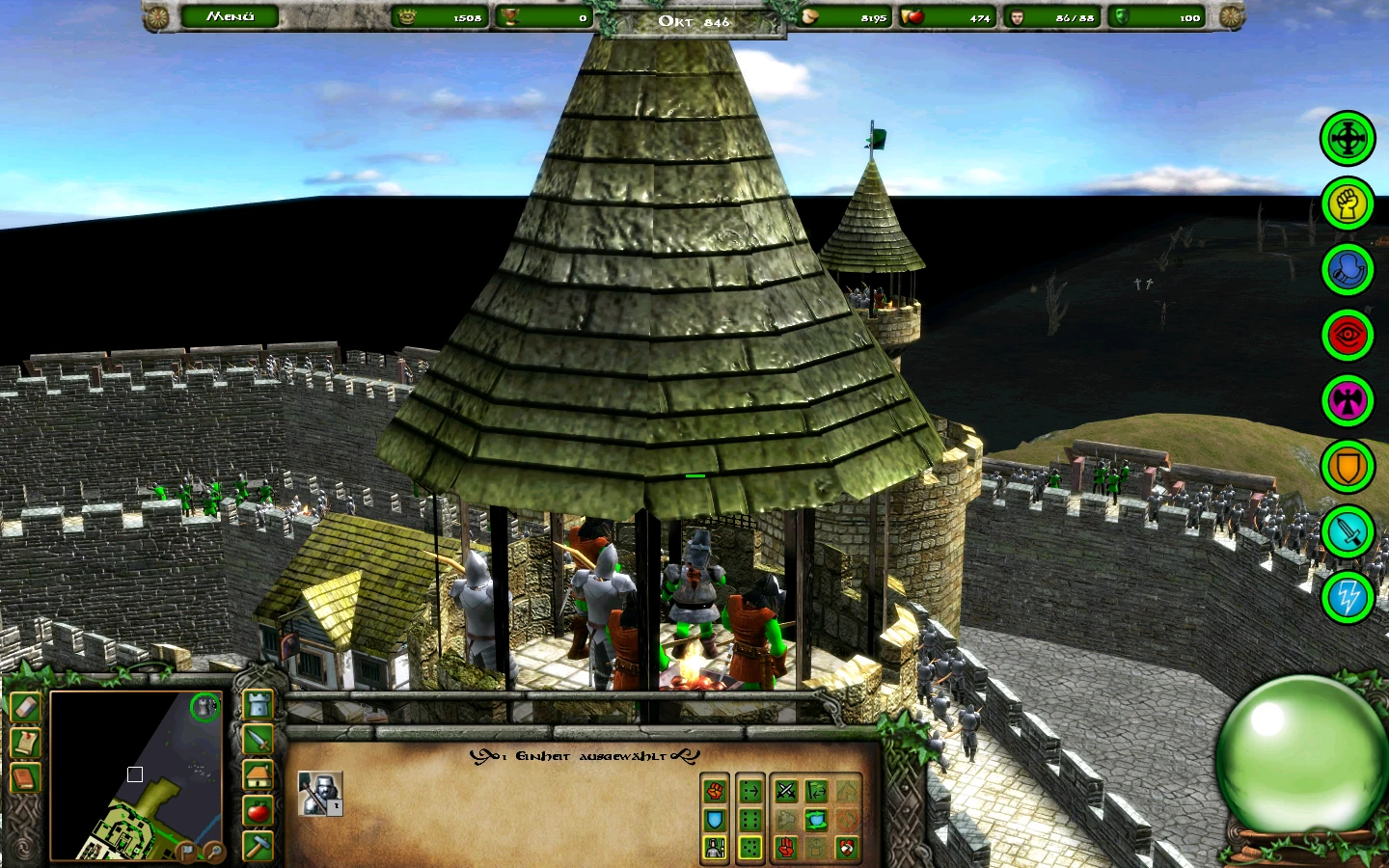 In-Game Ansicht zeigt Ritter, die eine steinerne Burgmauer mit Turm im Stronghold Legends Mod verteidigen