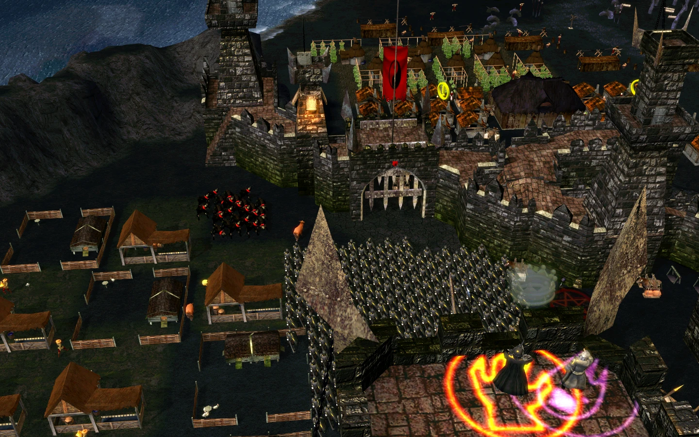 Draufsicht auf eine steinerne Festung mit Soldaten, Belagerungswaffen und magischen Kampfeffekten im Stronghold Legends Mod
