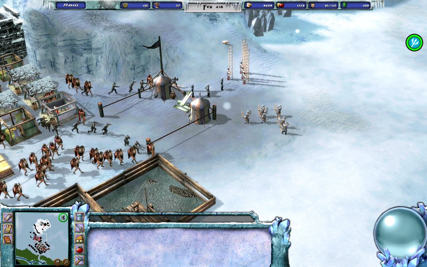 Eingefrorene Schlachtfeldszene mit Truppen und Belagerungsgerät im Winter im Stronghold Legends Mod
