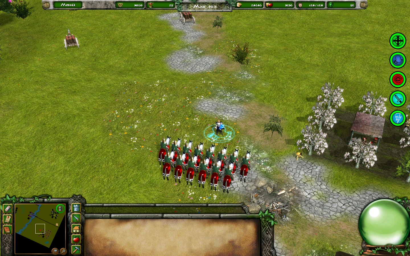 Draufsicht auf Kavallerieeinheiten auf einer Wiese mit Spieloberfläche des Stronghold Legends Mods Damnation of Mankind