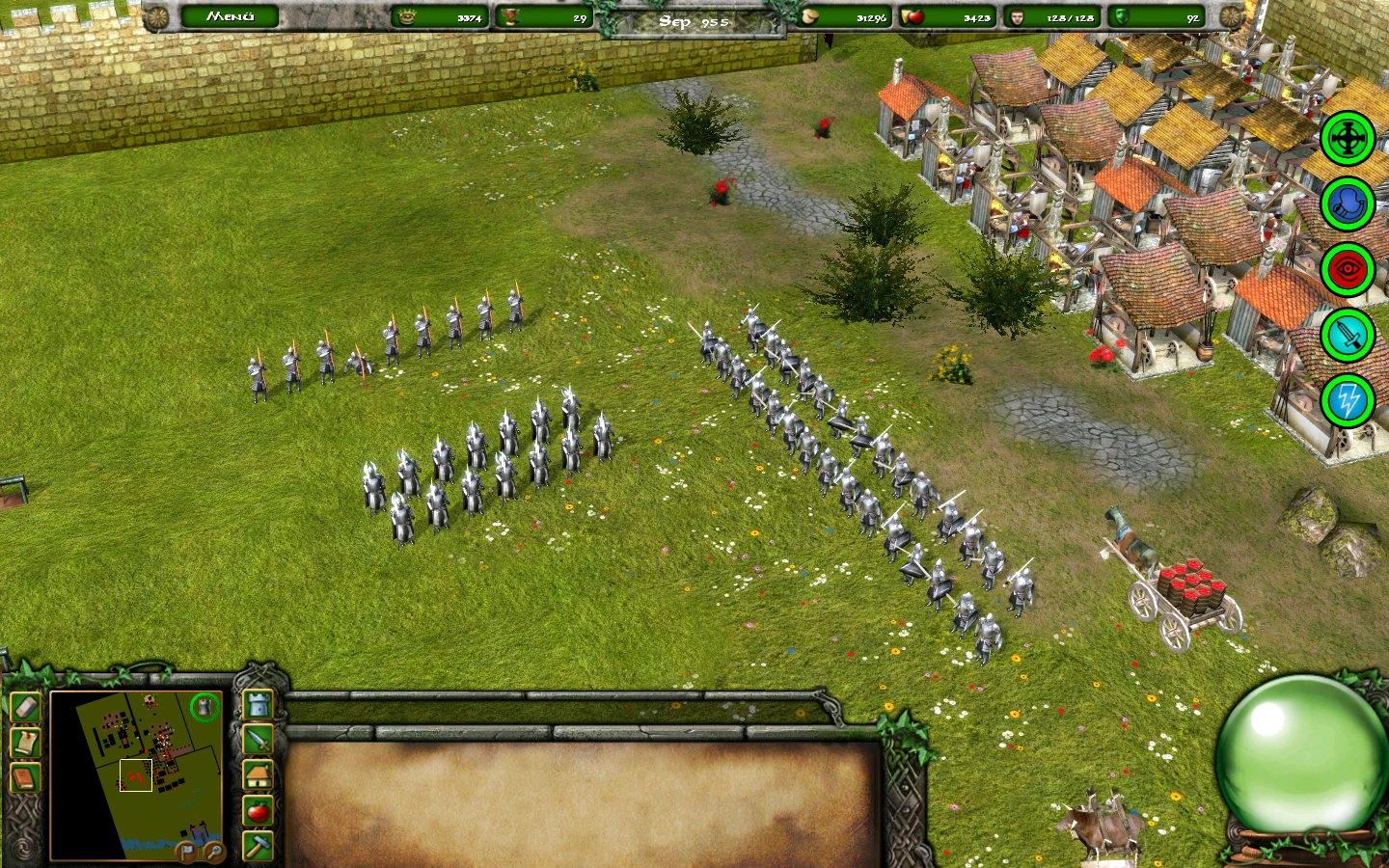 Screenshot zeigt mittelalterliche Soldaten in Formation nahe einem Dorf mit Häusern und Wagen im Stronghold Legends Mod