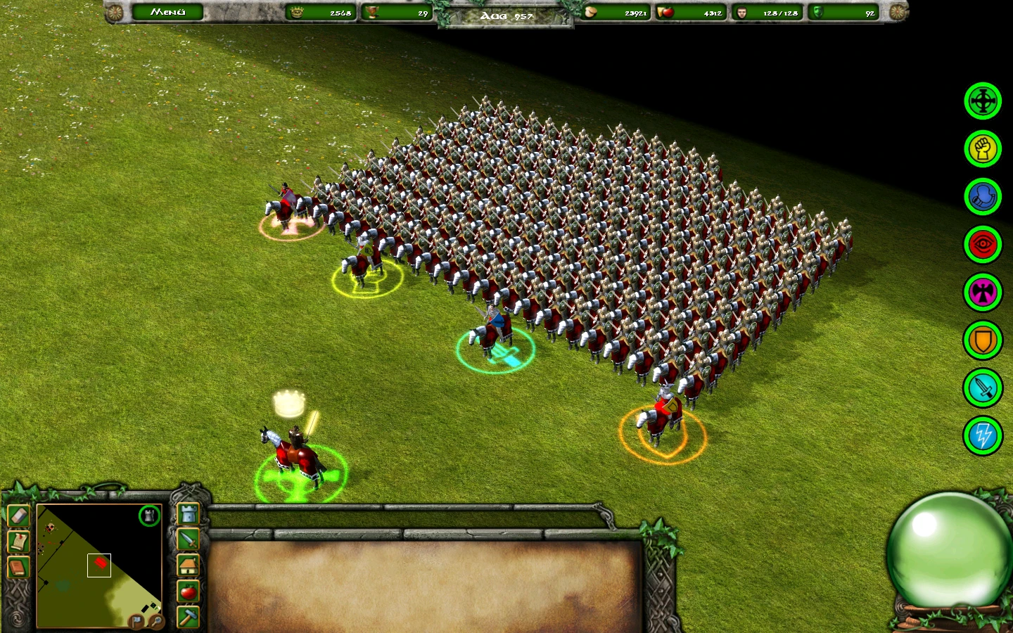Screenshot zeigt eine Kampfaufstellung mit einer großen Gruppe Infanterie und berittenen Helden im Stronghold Legends Mod Damnation of Mankind