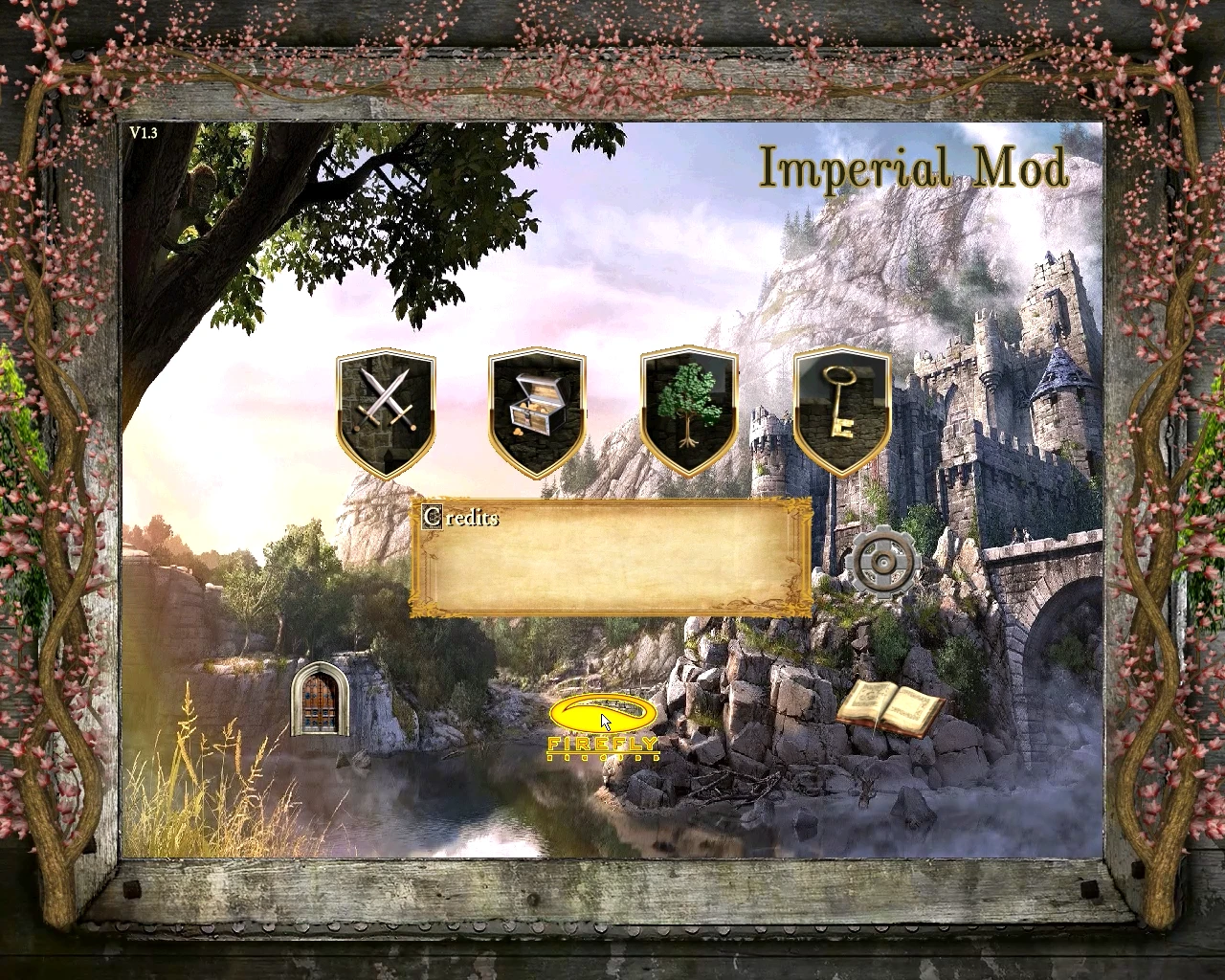 Pantalla del menú principal del Imperial Mod para Stronghold (2001), con iconos de comandos sobre un fondo de castillo. La versión 1.3 se muestra en la esquina.
