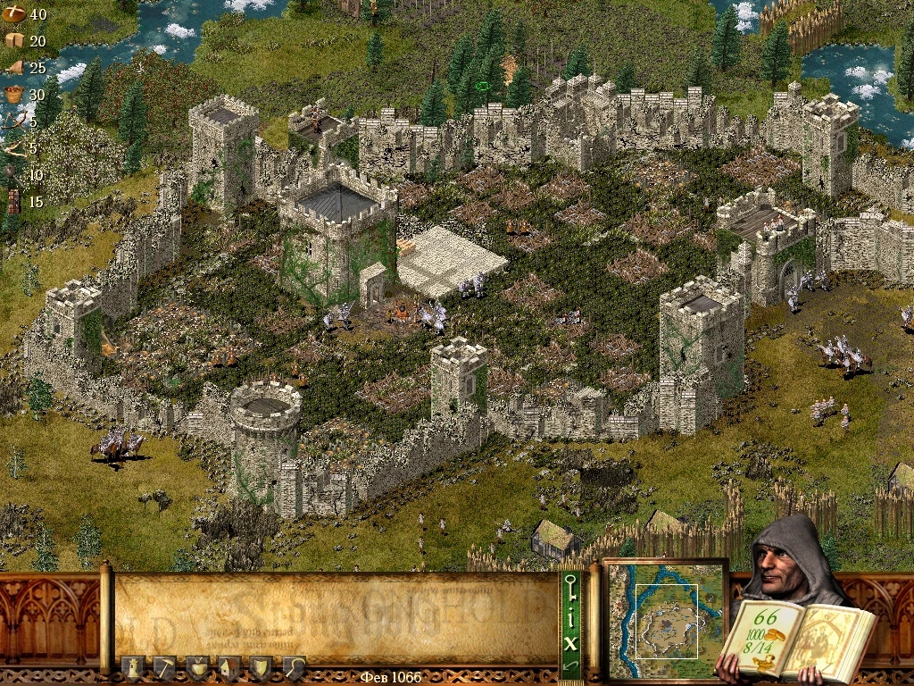 Captura del mod Imperial para Stronghold (2001) mostrando un vasto castillo medieval con murallas defensivas, torres de vigilancia y entornos verdes. El HUD muestra recursos y un personaje con un mapa