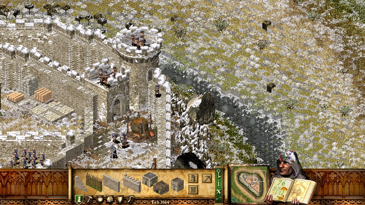 Засніжена сцена в Stronghold HD з замковими стінами та солдатами.