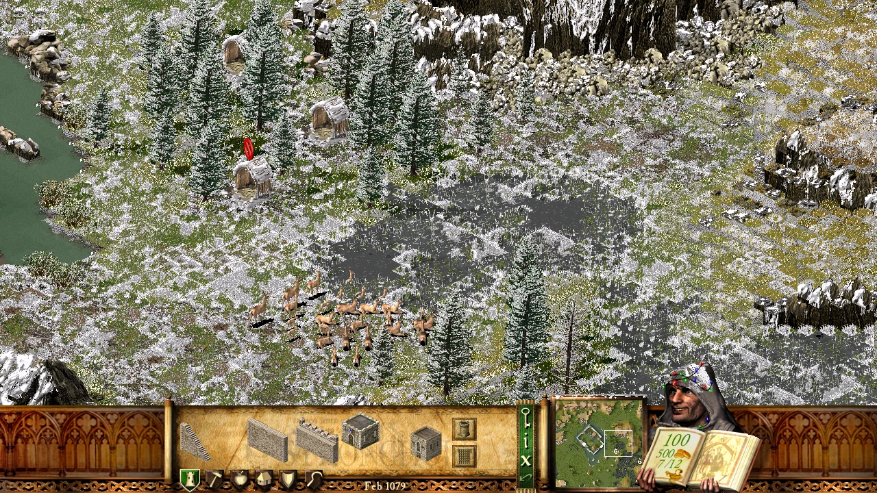 Знімок екрана з мода Winter для Stronghold HD, що показує засніжений ліс, дерева, оленів і структури з панеллю управління внизу.