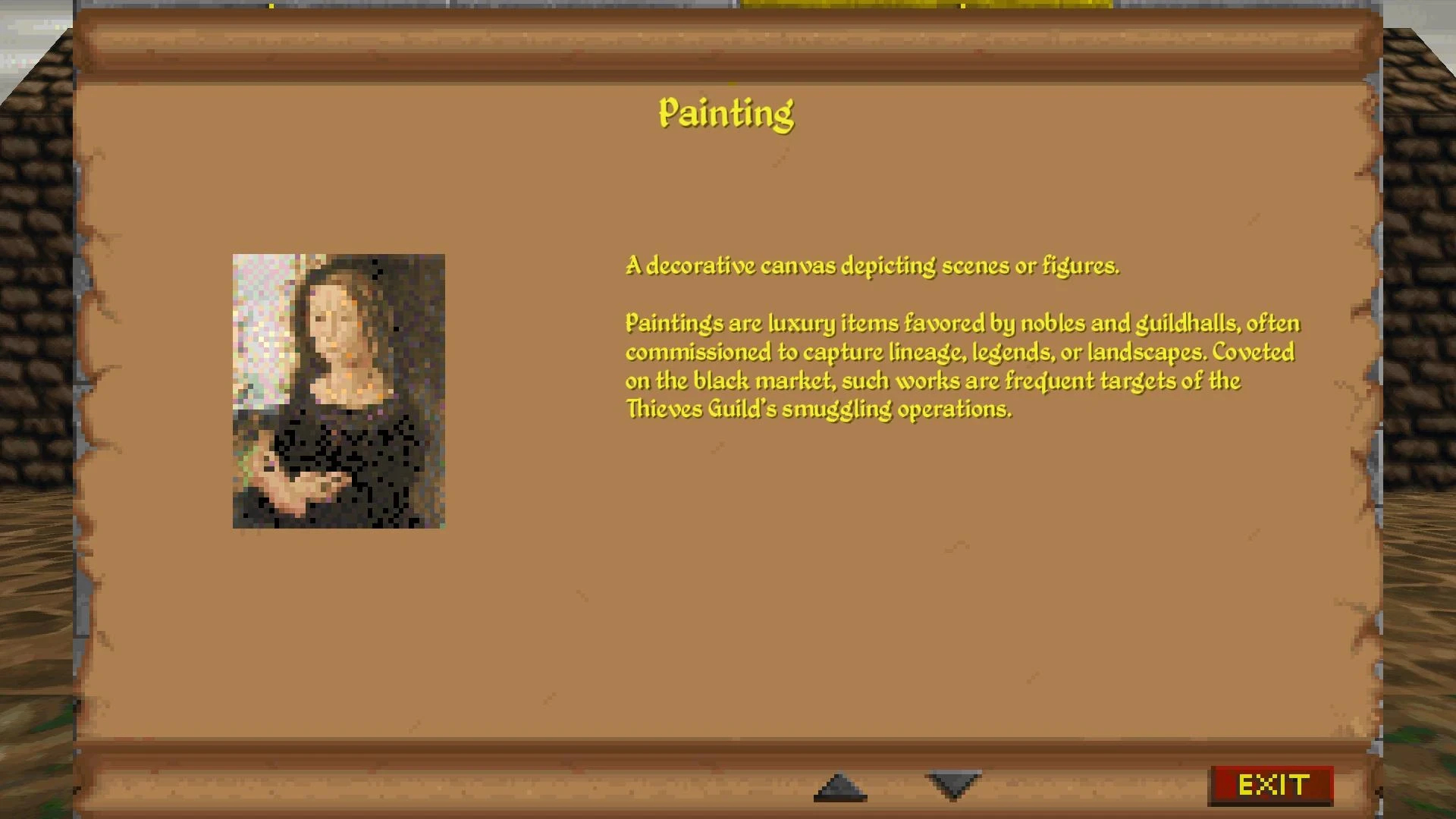 In-game description of a painting as a luxury item favored by nobles and guildhalls in The Elder Scrolls II Daggerfall