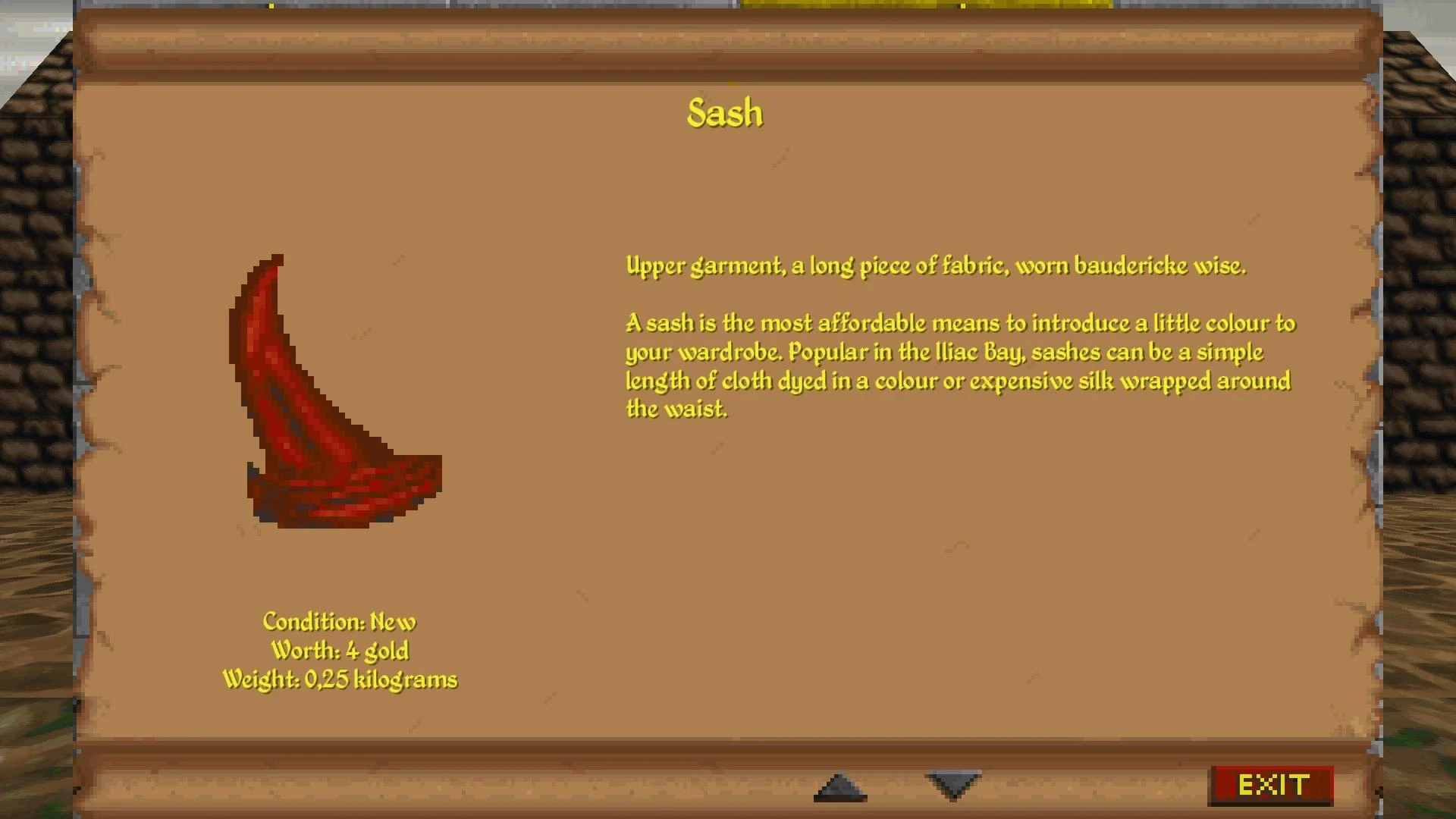 In-game item description screen showing Sash details with its red pixelated image and stats