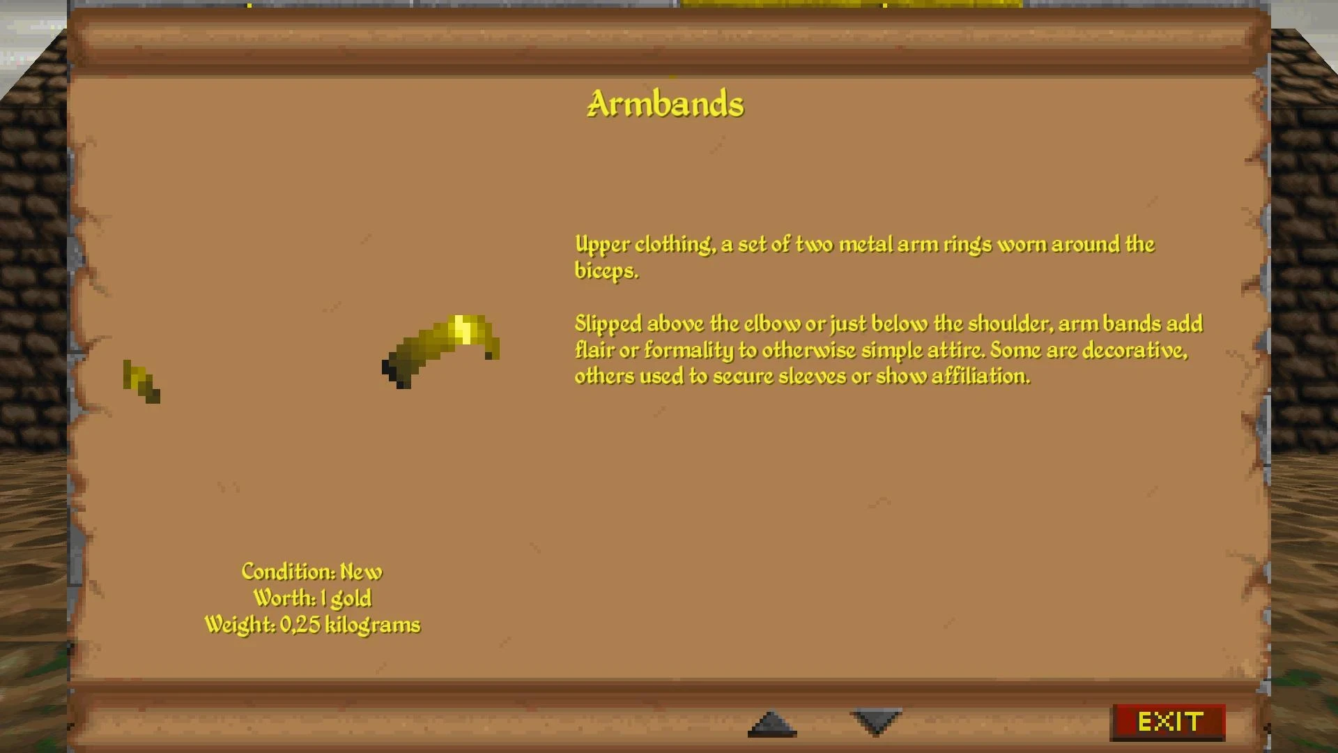 In-game item description screen showing armbands as metal rings worn above the elbow or below the shoulder