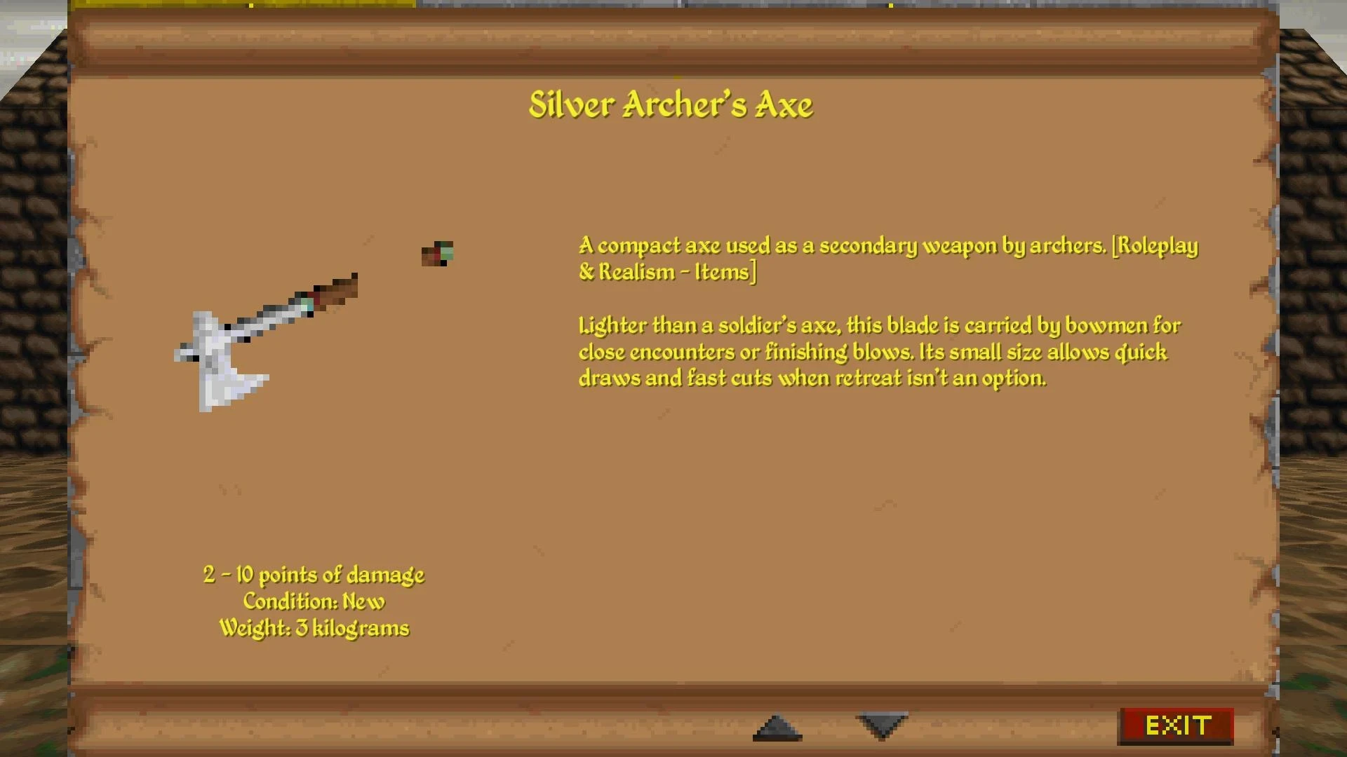 In-game detailed item description of Silver Archer's Axe showing damage, weight, and usage information