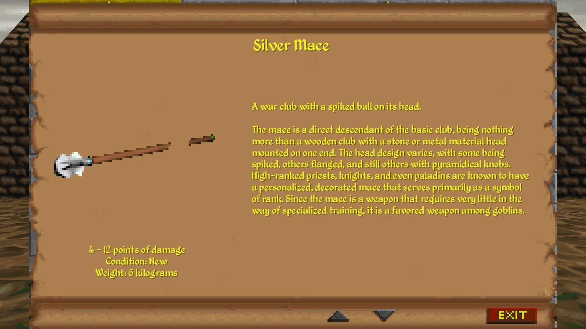 In-game screen showing The Elder Scrolls II Daggerfall addon with detailed description and stats of the Silver Mace weapon