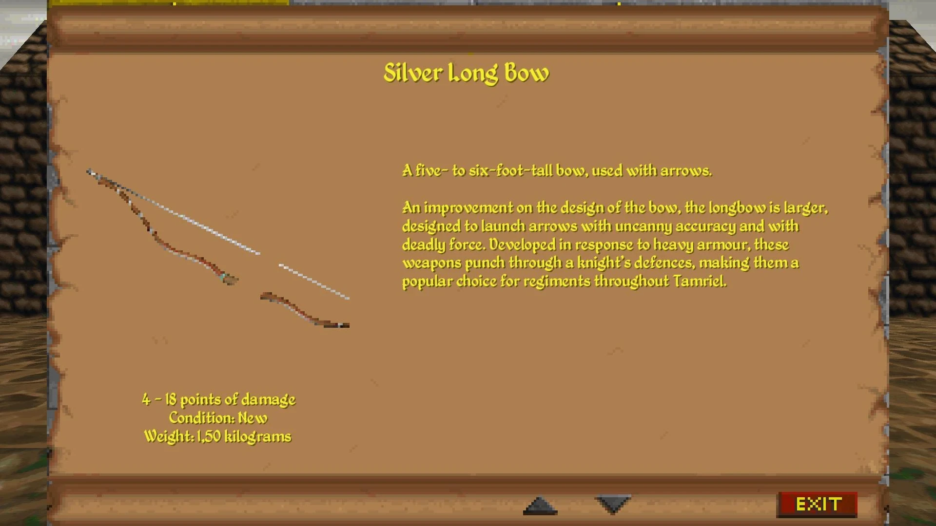 In-game item description screen showing silver long bow's features including damage 4-18, condition new, weight 1.50 kg