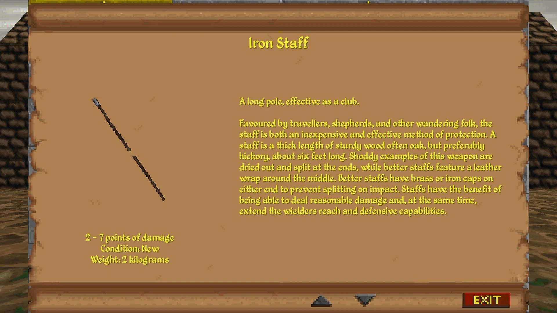 Screenshot showing detailed description and stats of the Iron Staff weapon in The Elder Scrolls II Daggerfall addon