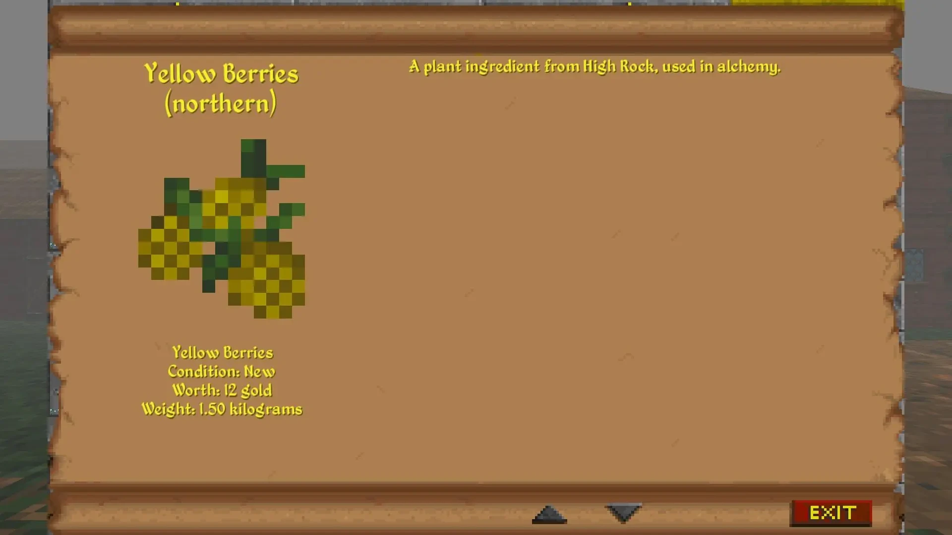 Pantalla del juego que muestra detalles del objeto bayas amarillas, peso, valor y uso en alquimia del mod The Elder Scrolls II Daggerfall