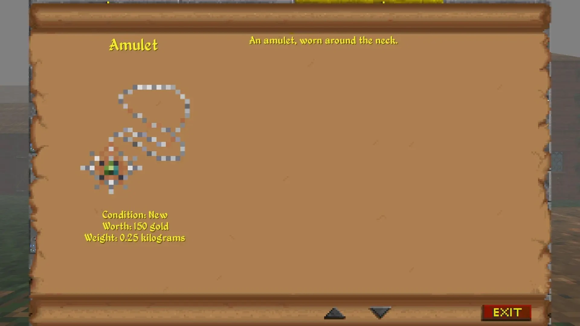 Pantalla de inventario mostrando un amuleto con detalles de condición, valor y peso en The Elder Scrolls II Daggerfall