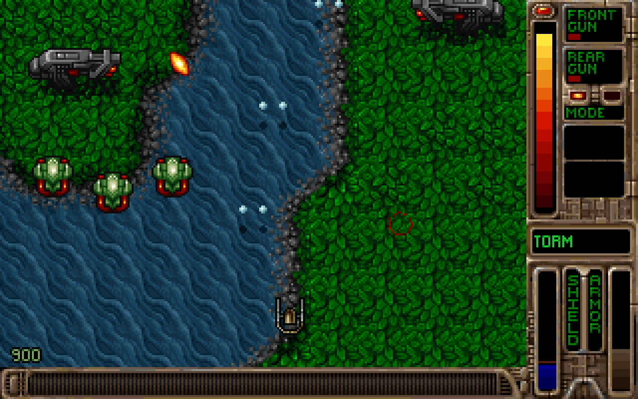 Top-down view of river with multiple turret defenses firing in Tyrian 2000 mod CCTyr gameplay