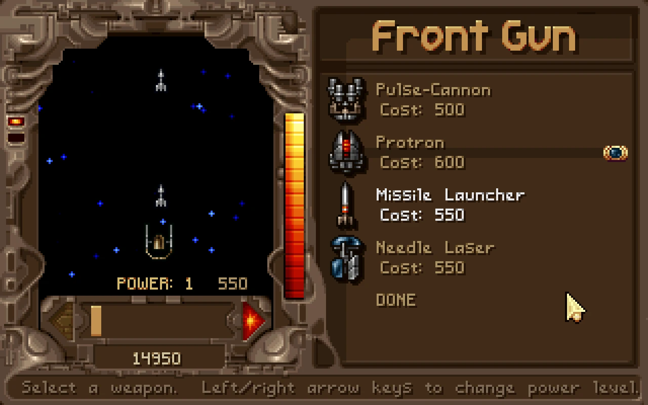Tyrian 2000 mod CCTyr weapon customization screen showing front gun types and cost with pixel art interface